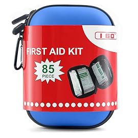 I GO 85 Pieces Hard Shell Mini Compact First Aid Kit, Small Personal Emergency Survival Kit for Travel Hiking Camping Backpacking Hunting Marine Car, Blue