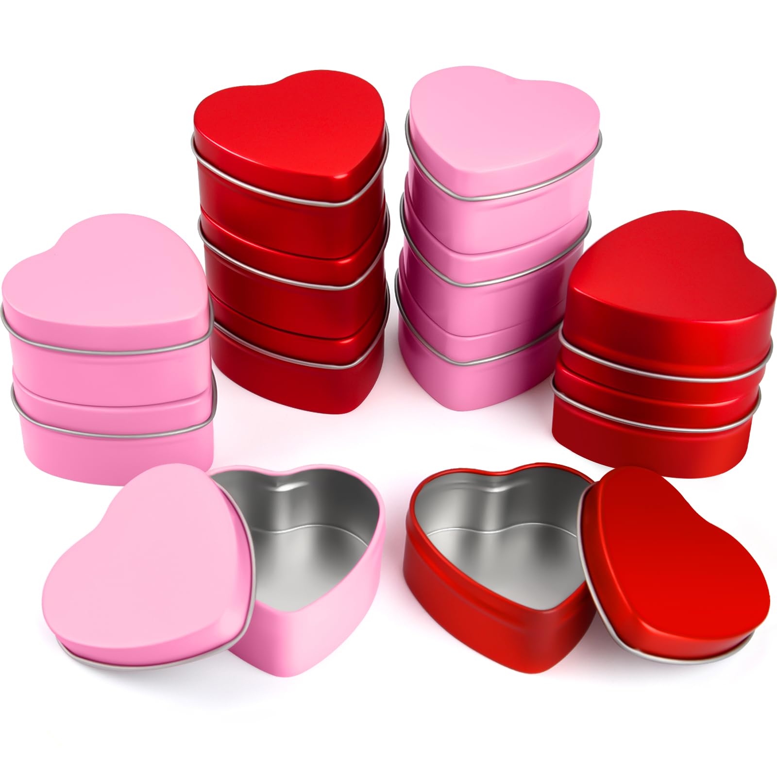 ASTARON 12 Pack 2oz Valentine's Day Heart Tins with Lids Bulk Heart Candle Jars Valentine Candle Containers, Heart Shaped Boxes for Candy, Metal Tin Boxes for Candle Making Gifts (Red, Pink)