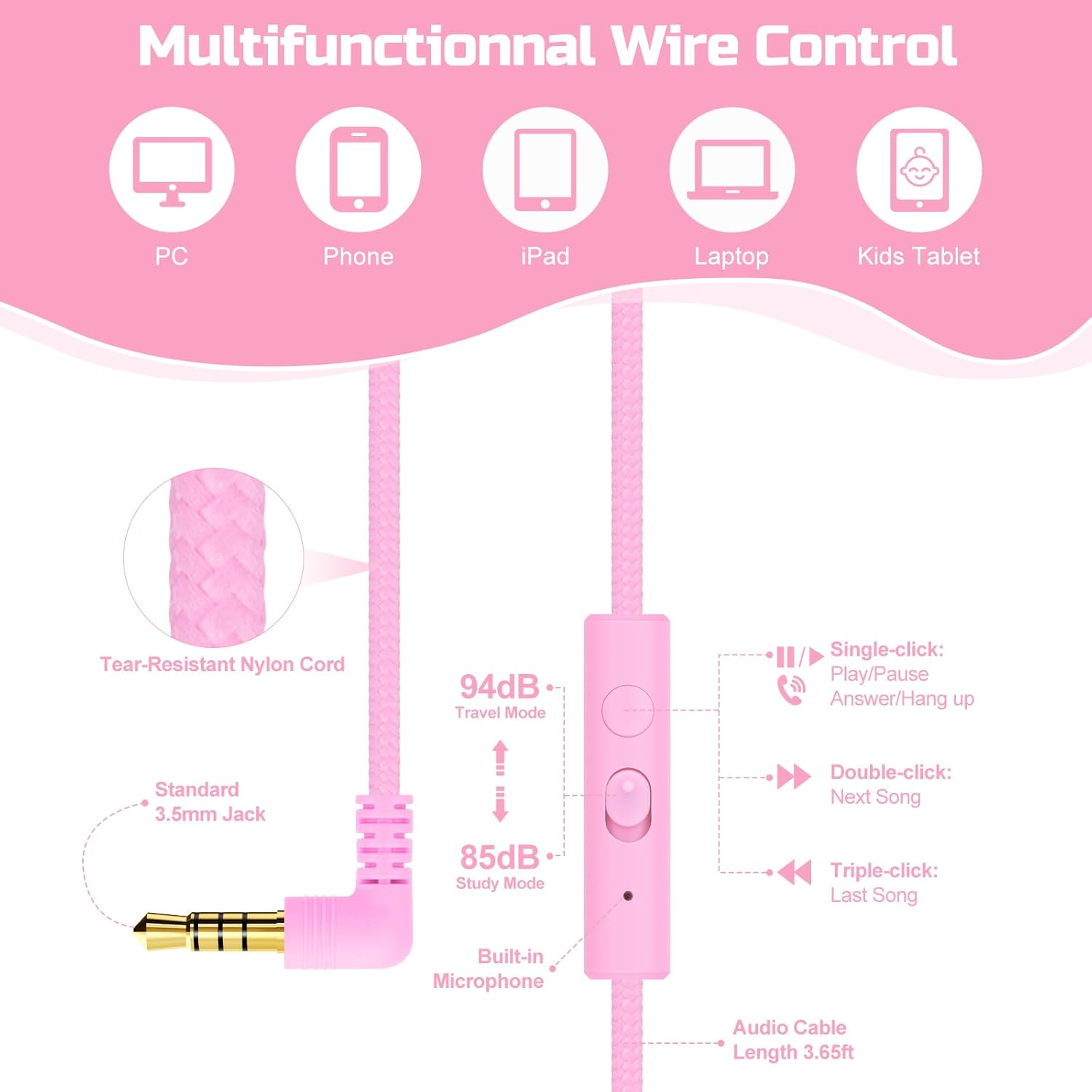 QearFun Kids Cat Ear Headphones Wired with Mic, 85/94dB Safe Volume Limit, Sparkly Wired Headset, Foldable, Sharing Port & Tangle-Free Cord for School, Chromebook, Tablet, Travel, Boys & Girls - Image 5