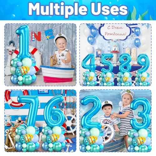Image of Blue Number 1 Balloon 40 Inch Ocean Under the Sea Number One Foil Balloons Tower with Shark Bubble Fish for Boys First 1st Birthday Party Decor Green Underwater Digital Aluminum Balloons Stack
