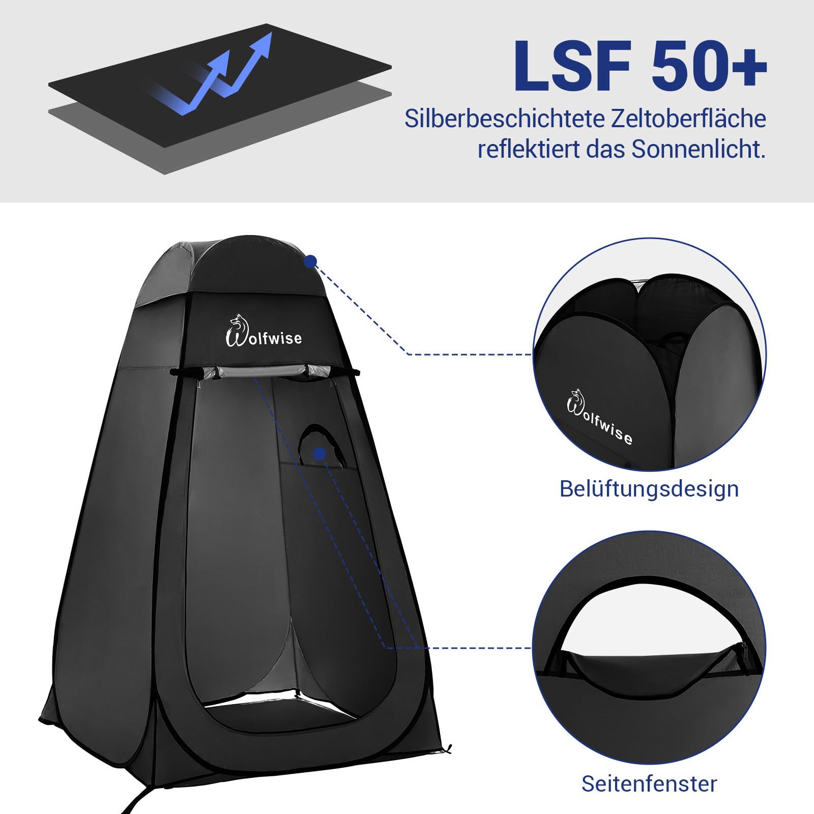 WolfWise Pop-Up Duschzelt Camping & Umkleidezelt mit Boden – Silberbeschichtet, UV-Schutz 50+ & Wasserabweisend, Toilettenzelt mit Fenstern & Tragetasche für Outdoor & Strand, 1,9 m/2 m/2,1 m Hoch