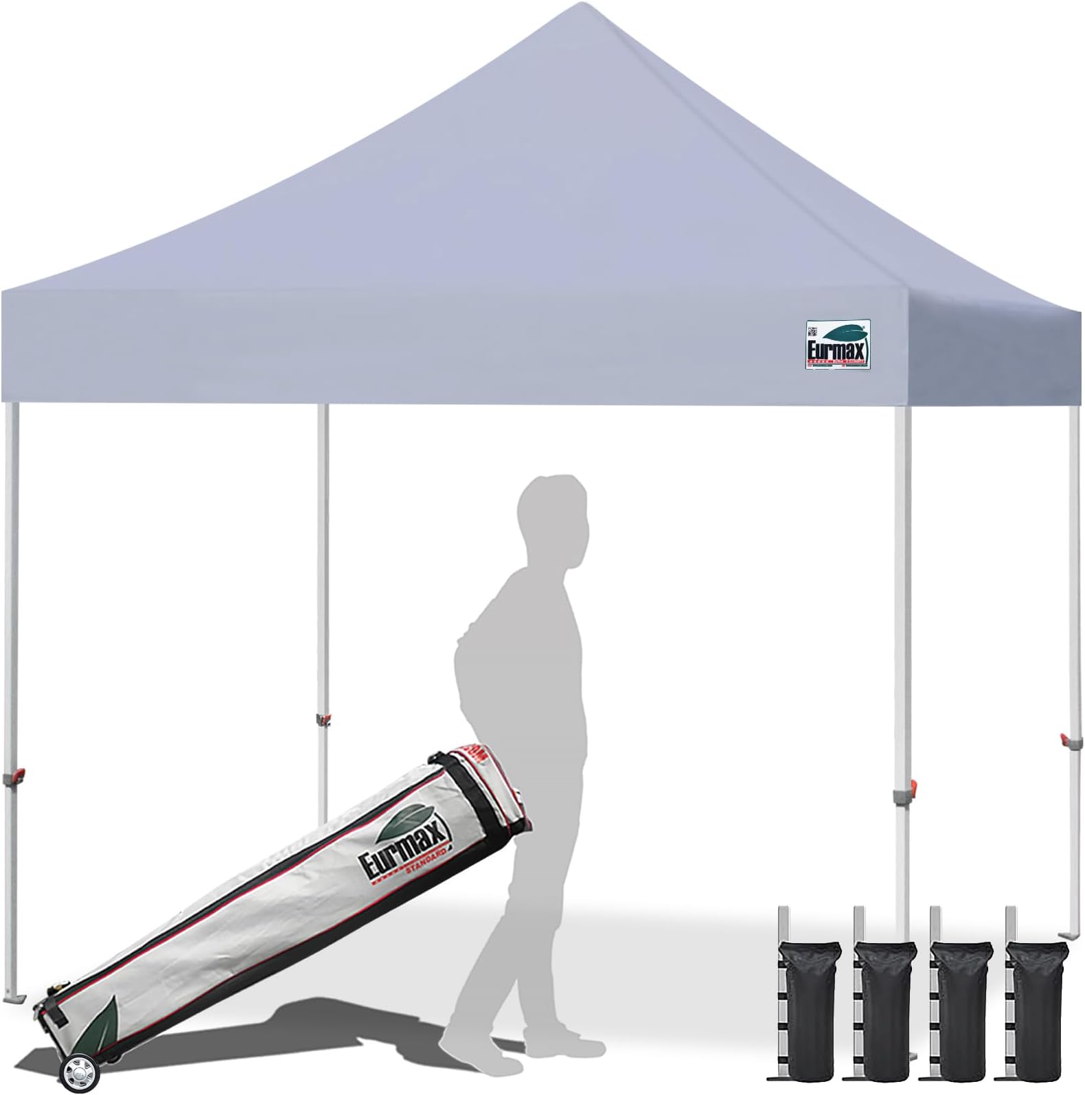 Eurmax USA 10x10ft Pop Up Canopy,Commercial Instant Tent for Outdoor Events,Patented No-Tip Rolling Storage Bag with 4 Sandbags,UV & Water Resistant,Heavy Duty Portable Shelter Gazebo,Grey