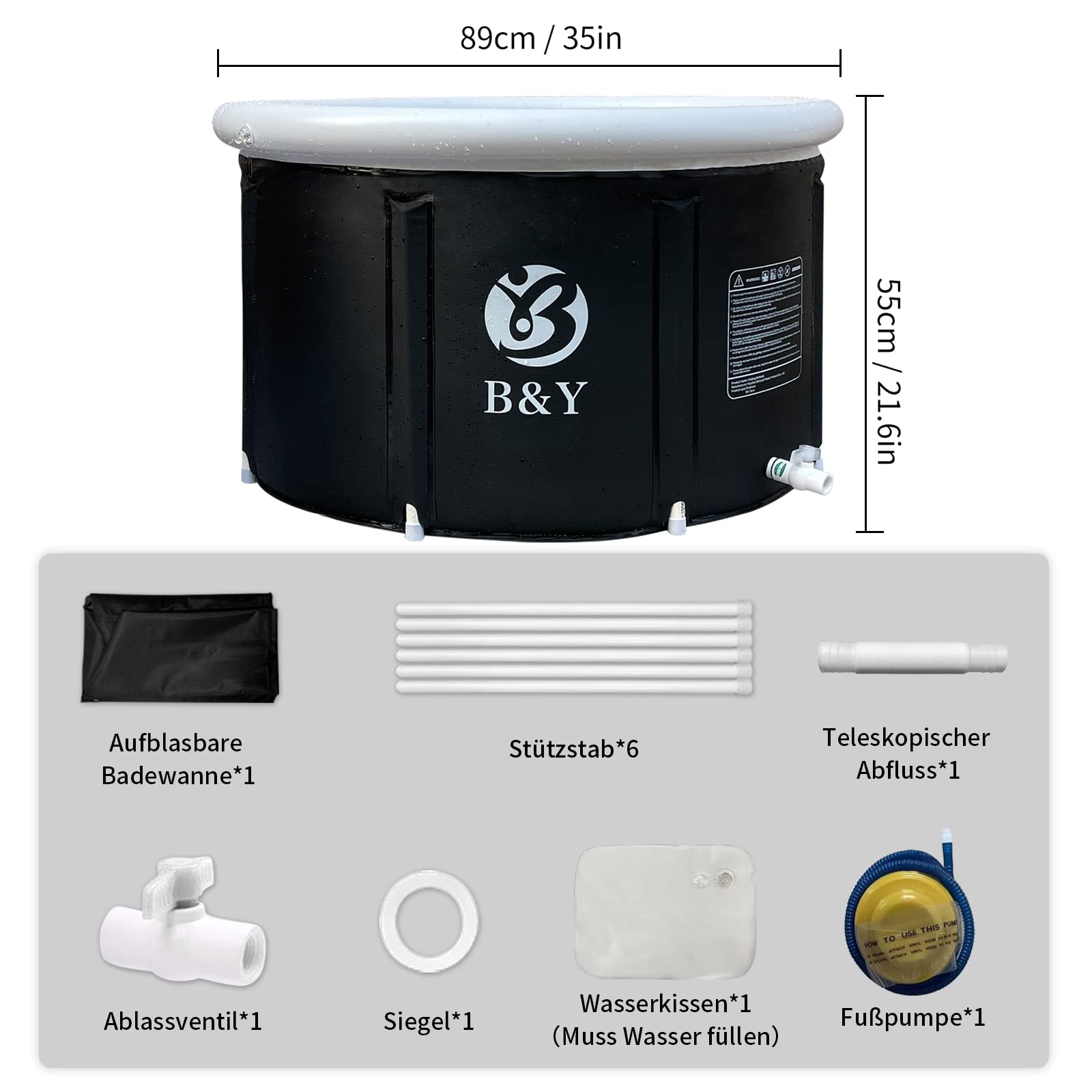 B&Y Baignoire pliable pour adulte - 89 x 55 cm - Bain de glace gonflable pour athlètes et sportifs - 342 l - Pour thérapie par eau froide