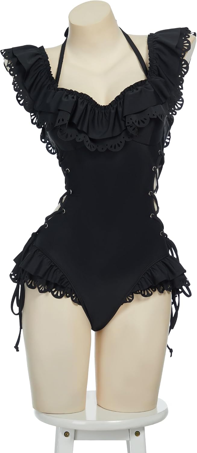 MEOWCOS Women One Piece Swimsuits Retro Victorian Style Swimsuit Gothic Halter Bathing Suit