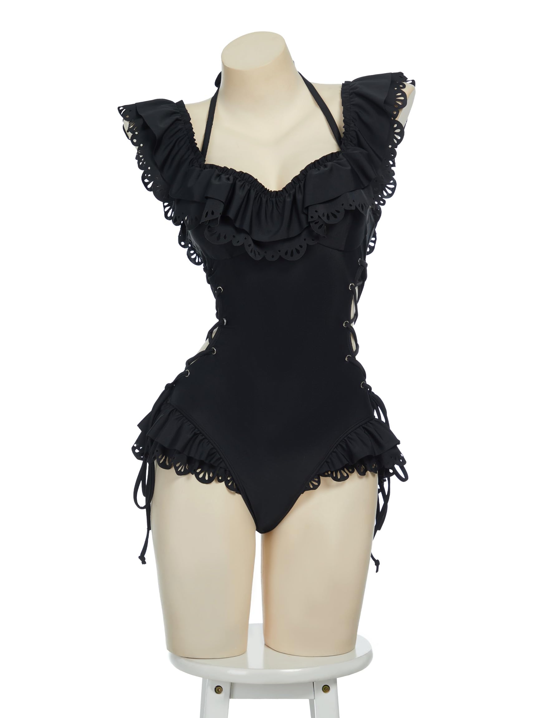 Meowcos Damen-Badeanzug, einteilig, Retro, viktorianischer Stil, Gothic-Stil, Neckholder-Badeanzug