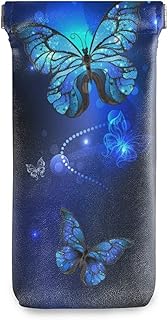 Squeeze Top Sunglasses Pouch Eyeglass Cases PU Leather Soft Anti-Scratch Eyeglass Holder (Blue Glowing Butterflies)