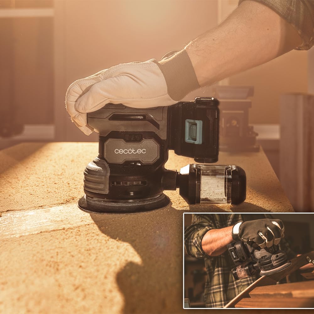 Cecotec Ponceuse Rotative à Batterie 21V, 2000mAh PerfectSurface 2120 Rotate. 13000 tr/min, 12 rechanges, Réservoir à poussière, Connexion pour Aspirateur, Double Mouvement Excentrique, 26000 mvt/min