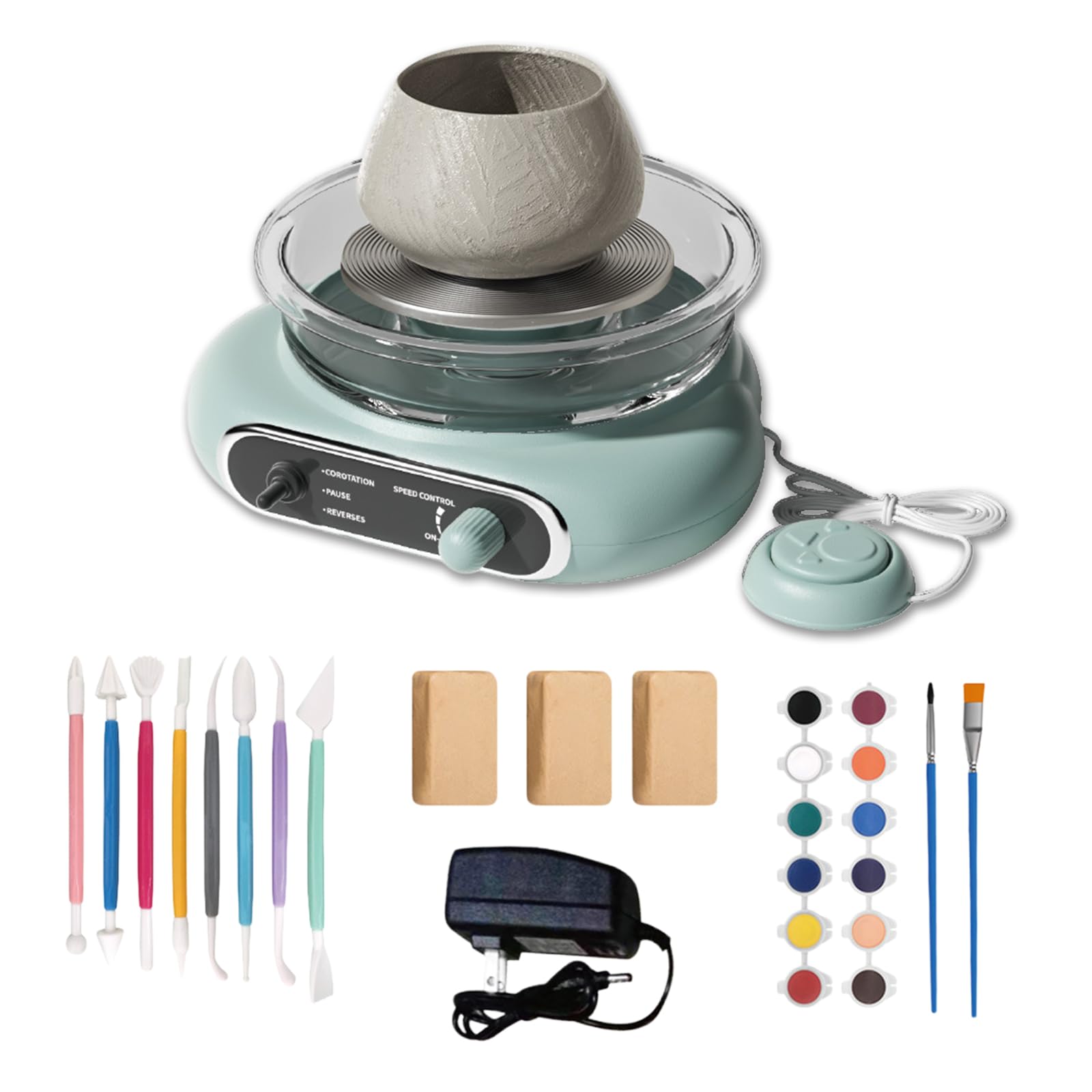 BORDEAG Mini-Töpferscheibe, Töpferscheibe Elektrisch, Elektrische Töpferscheibe, DIY Keramik Set 8-Teiliges Zubehörset Für Kreative Kunstprojekte Und Bastelspaß(Grün)
