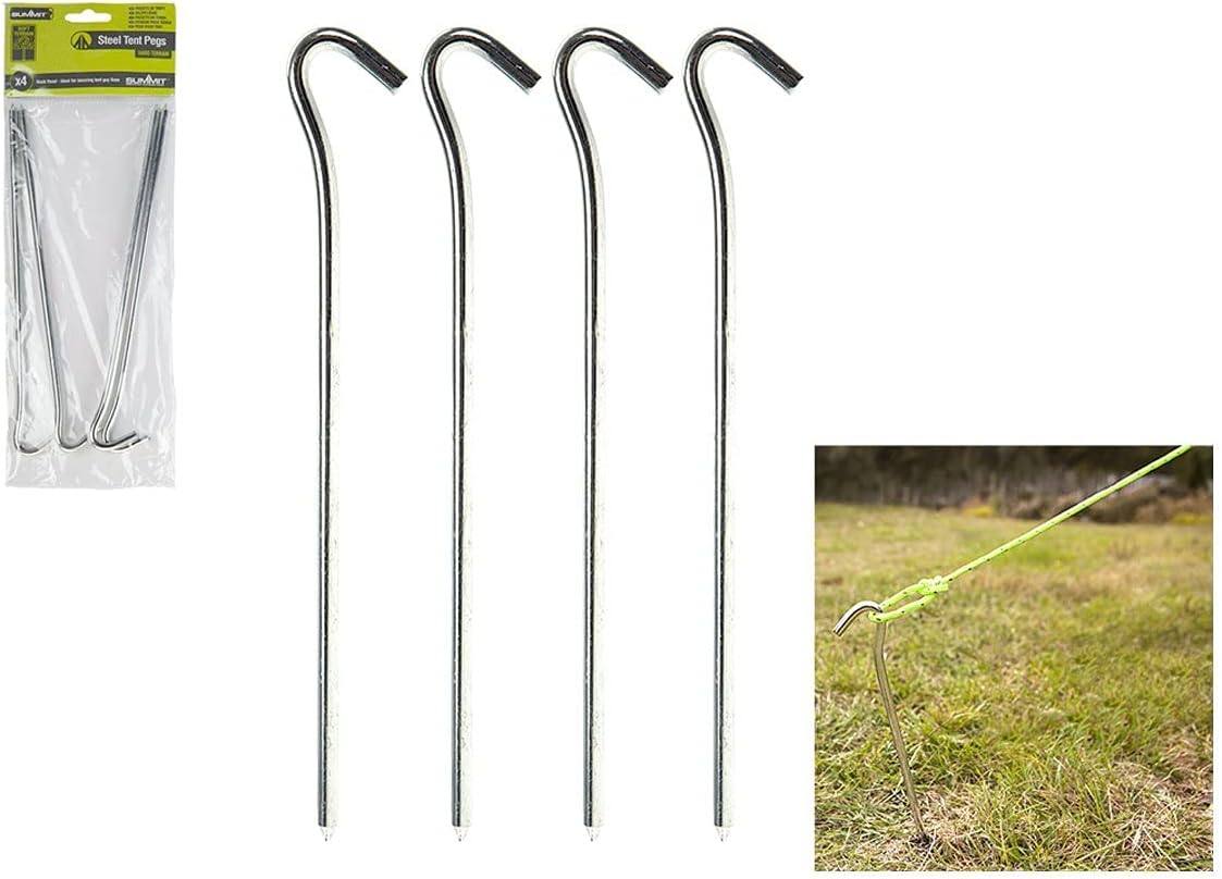 4 Pack of Steel Hook Pin Tent Camping Pegs 23cm 9"