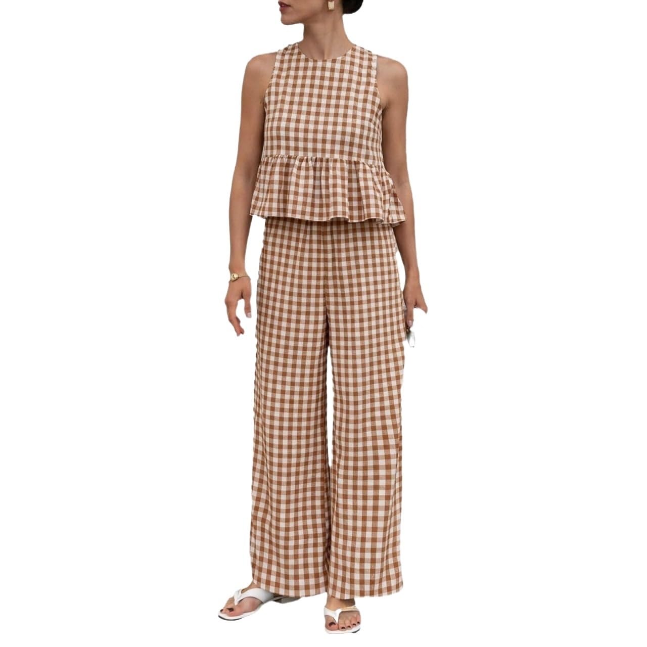 Generale Completo Due Pezzi Donna Estate 2026 Vichy Canotta e Pantalone Largo Vita Elastica, Outfit Casual con Tasche