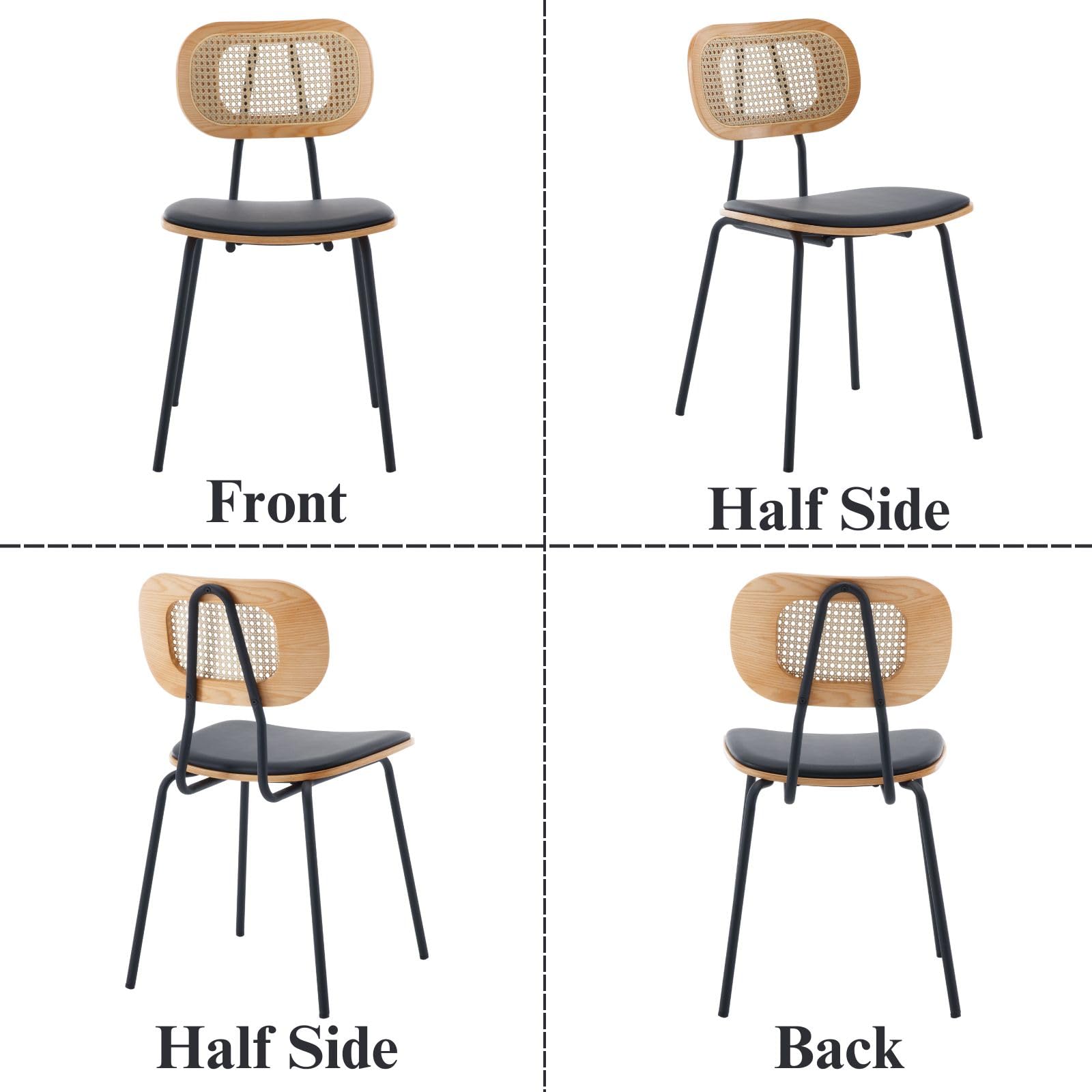 Ya-Home Rattan Esszimmerstühle 2er Set Rattanstuhl mit Metallbeinen Küchenstuhl aus Kunstleder Polsterstuhl für Esszimmer, Schwarz