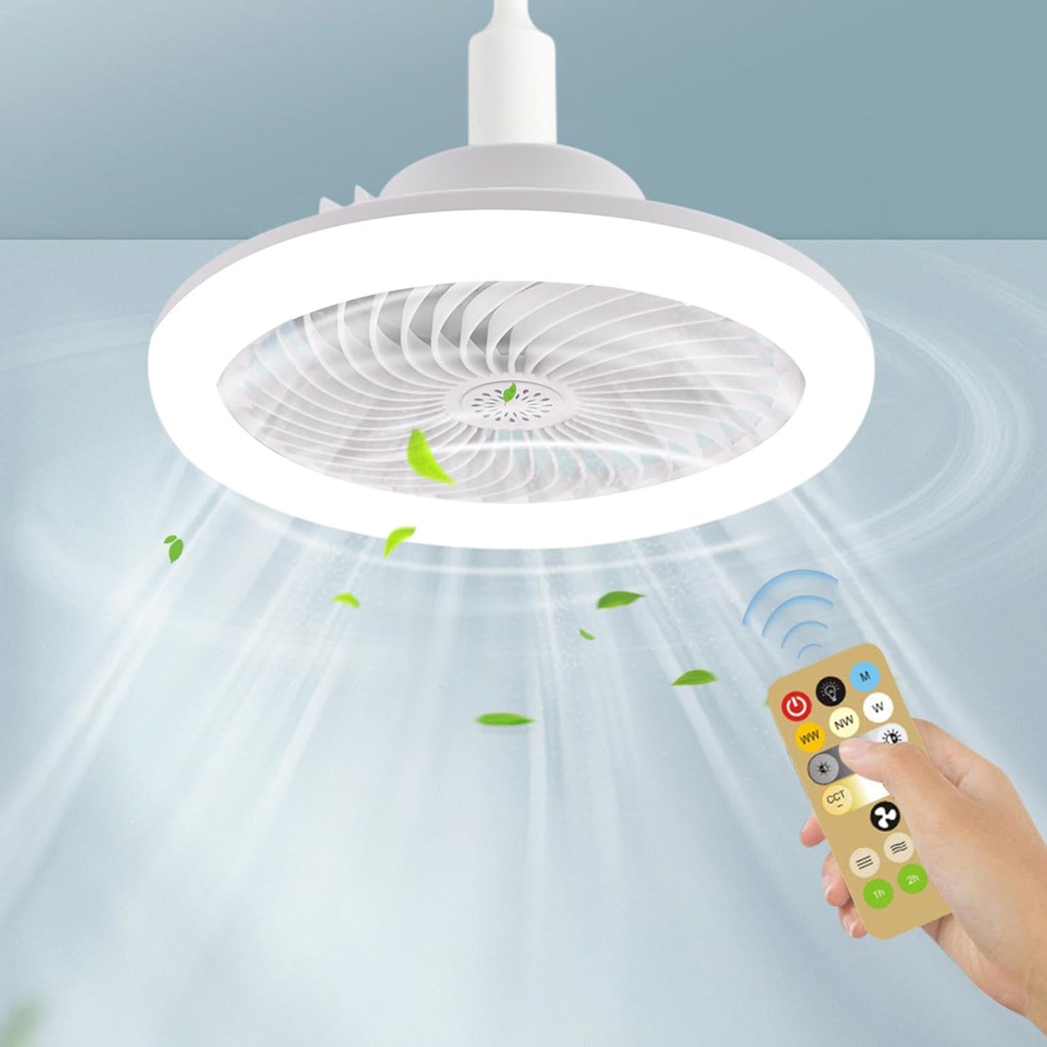 E27 50w Ceiling Fans with Lights, Enclosed Low Fan Light, Eye-Protecting Ceiling Light with Fan, Hidden Electric Fan Quiet Fan Delier Gimbal Lamp, Dimmable, with Remote Control (White) (White)