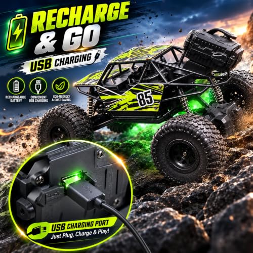 Image of Rock Crawler RC Car with Smoke Spray & LED Lights,Rechargeable Remote Control, High-Speed Off-Road Climbing Car with 5-Function, USB Charging,Toy Car for Kids, (Random Colour as Per Stock)