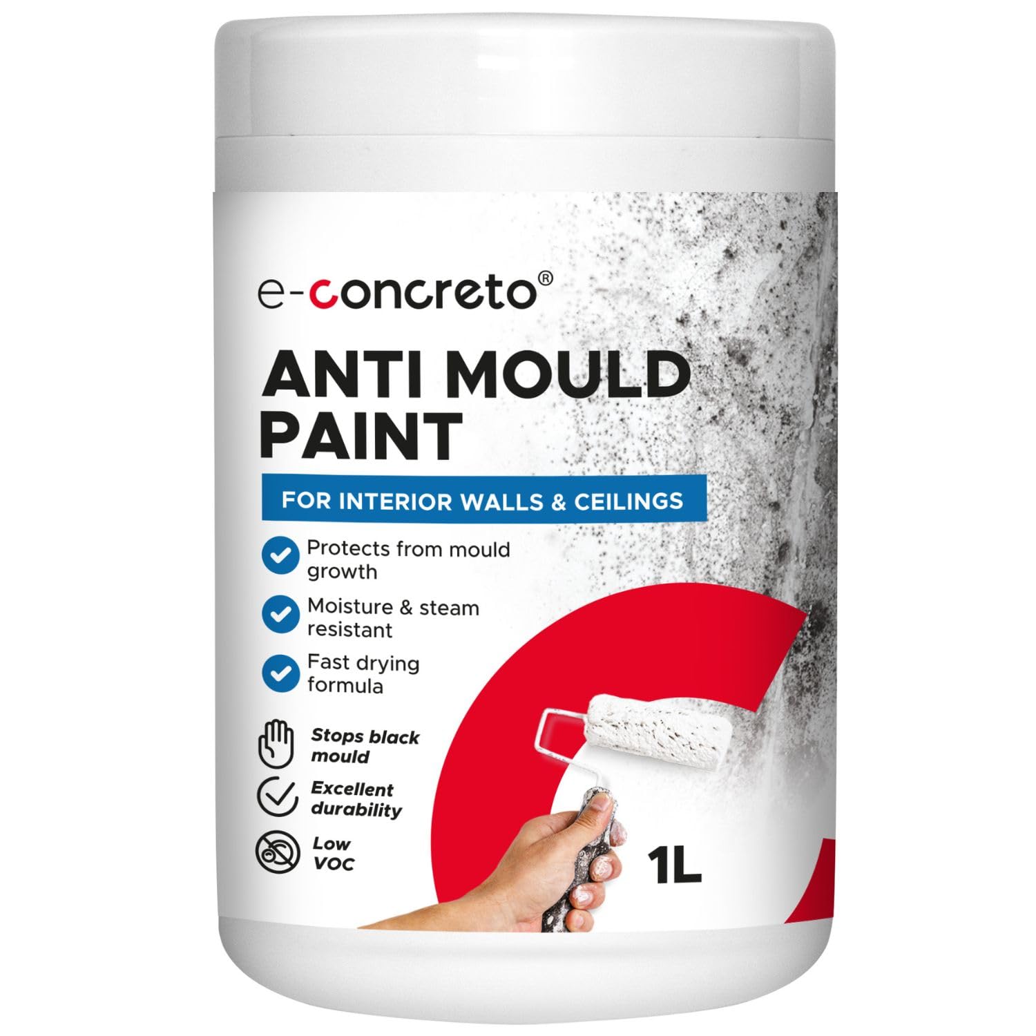 e-concreto Anti Mould Paint 1L for Interior Walls and Ceilings, White, Moisture Resistant, Fast Drying