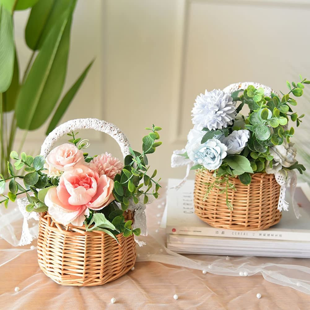 Cesta De Flores De Mano Para Bodas - De Ratán Y Encaje Blanco, Ligera Y Decorativa, Para Niñas De Flores, Pétalos O Dulces