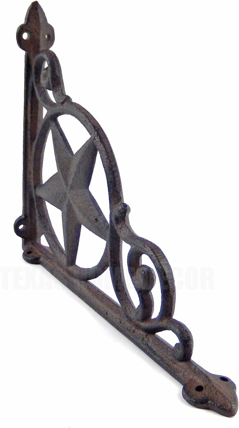 Vintage 2 Star Scrolls Shelf Brackets Cast Iron Rustic Western Braces Antique Brown 9 in