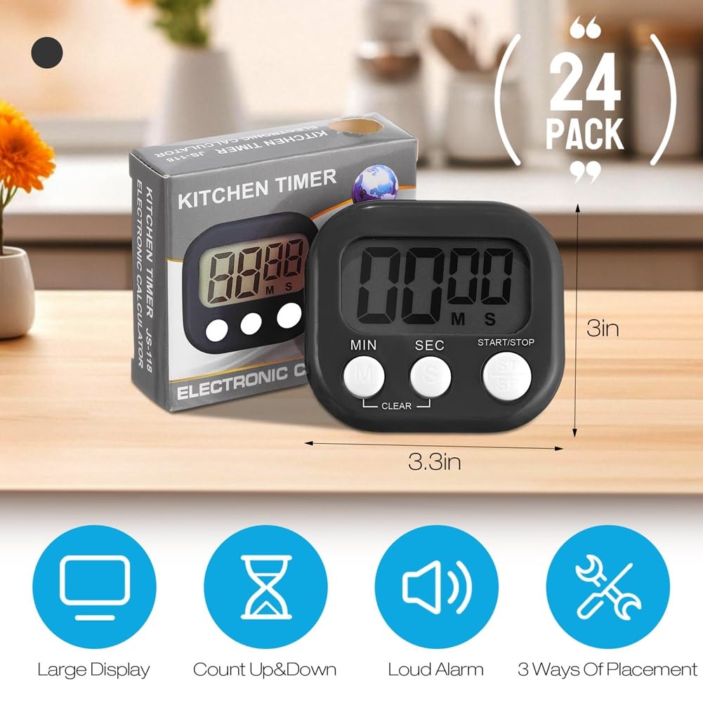 24 Stück Digitaler Küchentimer, Kleiner Magnetischer Timer zum Kochen und Backen im Klassenzimmer (Schwarz)