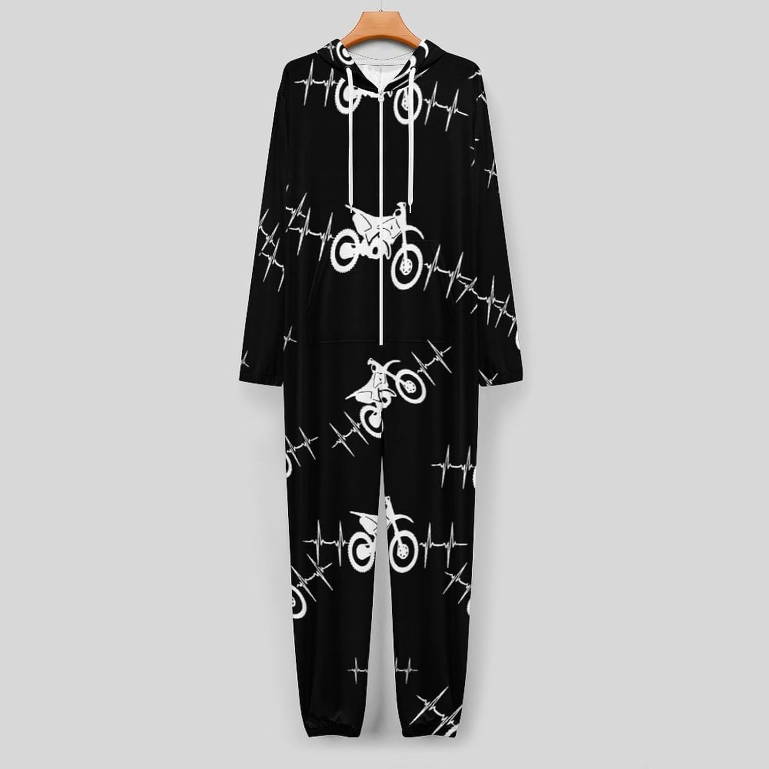 Cool Dirt Bike Heartbeat Adult Pajamas Onesie with Hood Pocket Jumpsuits One Piece Sleepwear