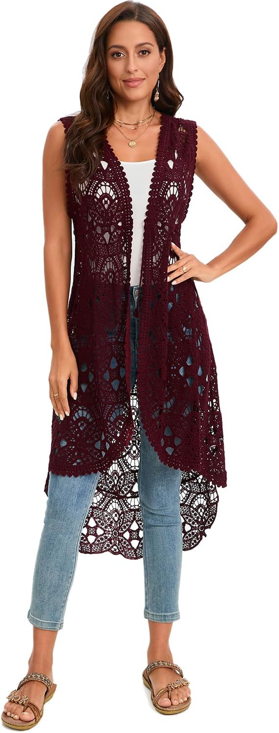 GLEAMISS Women's Crochet Long Vest Sleeveless Lace Cardigan Hollow Out Kimino Cover Up - Image 6