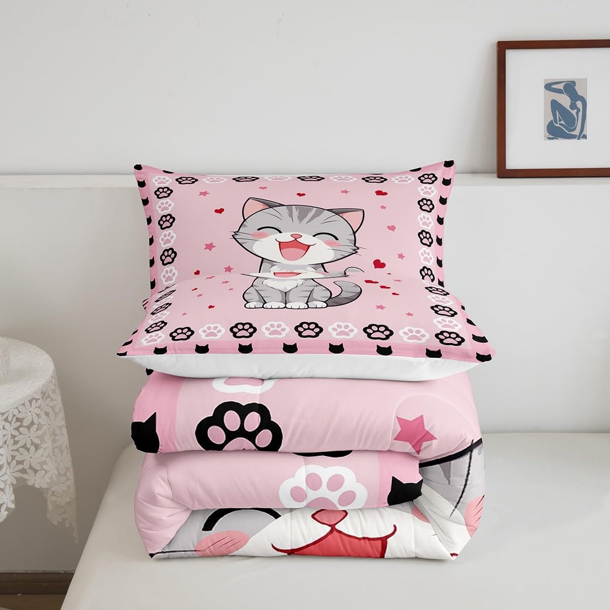 Manfei Lovely Cat Bedding Comforter Sets Toddler,Pink Black Cat Paw Footprint Bedding Set for Bedroom Decoration,Cute Animals Pink Print with 1 Comforter and 1 Pillow Case Bedroom Decor