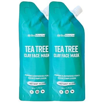 BioMiracle Tea Tree Clay Face Mask 2 Pack - Deep Pore Cleansing Detox Mask with Kaolin & Bentonite Clay - Natural Facial Treatment with Tea Tree Oil for Clear, Smooth, Glowing Skin - 50g