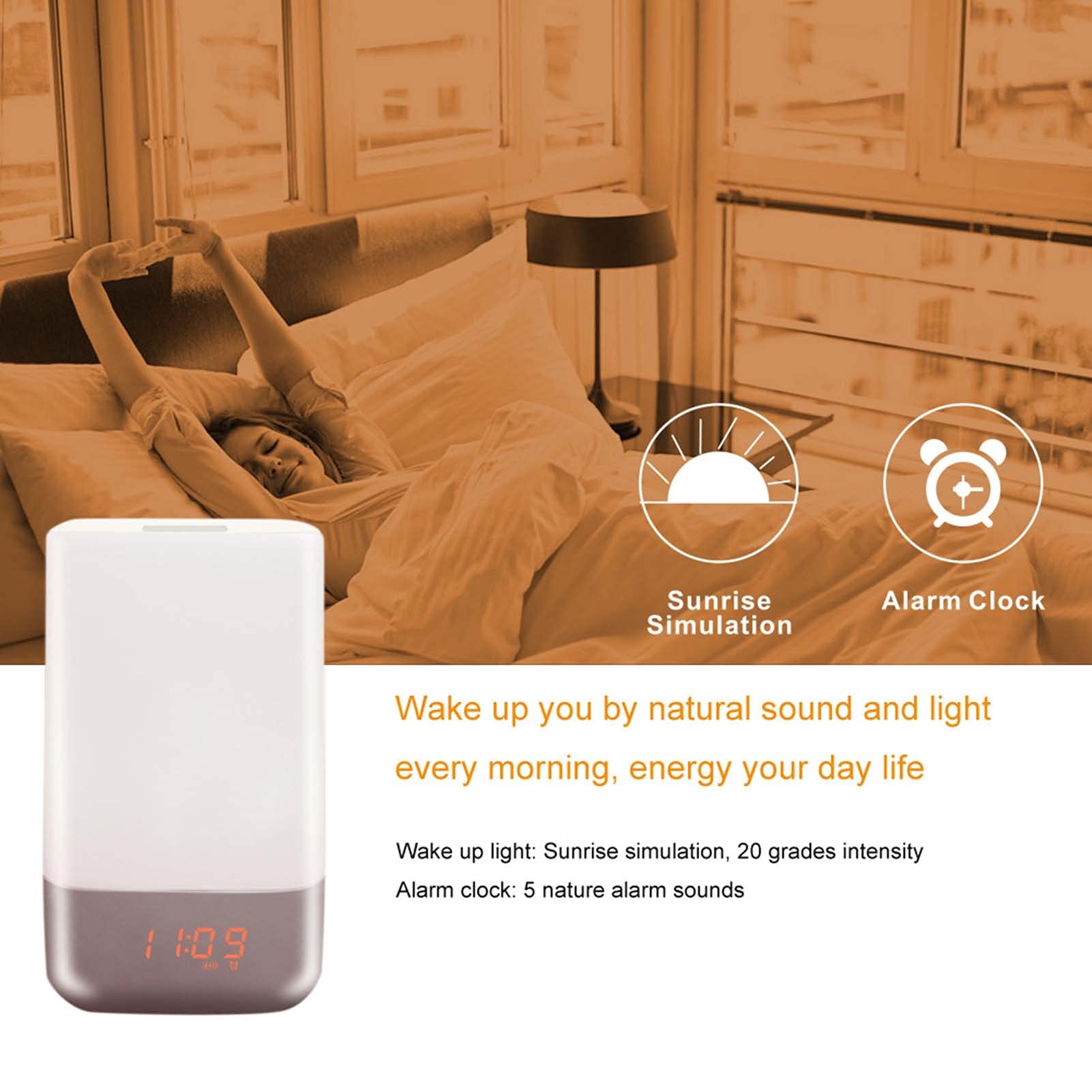 Control Táctil Wake Up Light, Despertador de Amanecer, con Snooze, 7 Colores, 7 Sonidos Naturales