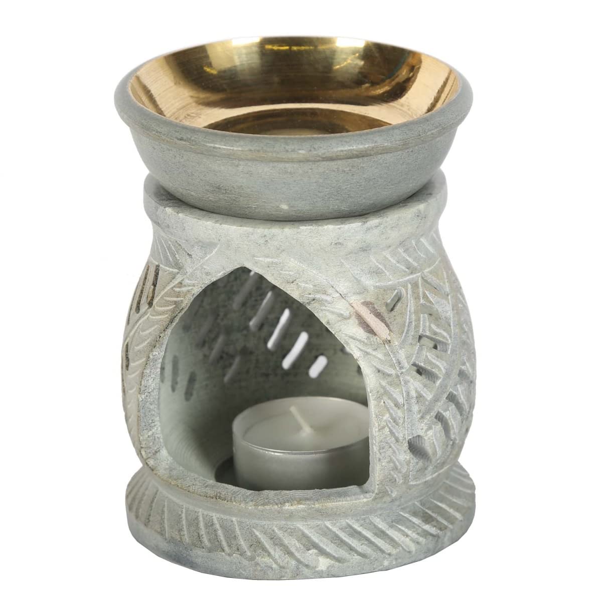 NAMASTE SL10 - Lámpara aromática oriental de piedra natural tallada 10 x 10 x 11 cm (B/T/H) con carcasa de metal, difusor de aceite esencial, soporte para velas de té para aromaterapia, lámpara