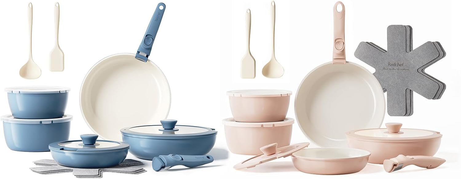 Redchef 32pcs Ceramic Pots and Pans Set Non Stick, Nonstick Kitchen Cookware Set with Detachable Handle, Non Toxic, PFAS PFOA & PTFE Free, RV Ceramic Cookware Set for Camping, Dishwasher/Oven Safe