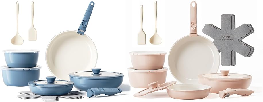 Redchef 32pcs Ceramic Pots and Pans Set Non Stick, Nonstick Kitchen Cookware Set with Detachable Handle, Non Toxic, PFAS PFOA & PTFE Free, RV Ceramic Cookware Set for Camping, Dishwasher/Oven Safe