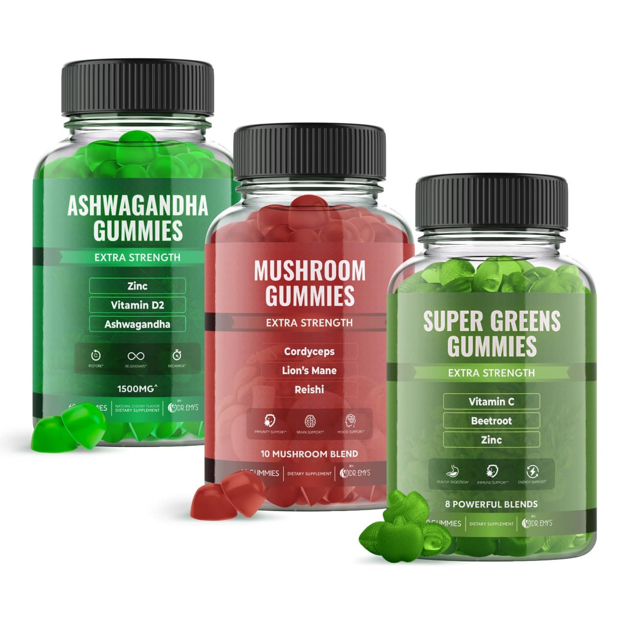 Dr. Emy's Immune Support Bundle with Mushroom, Super Greens, and Ashwagandha Gummies - Three 2-Packs of 60ct Bottles for a Total of 360 Gummies.