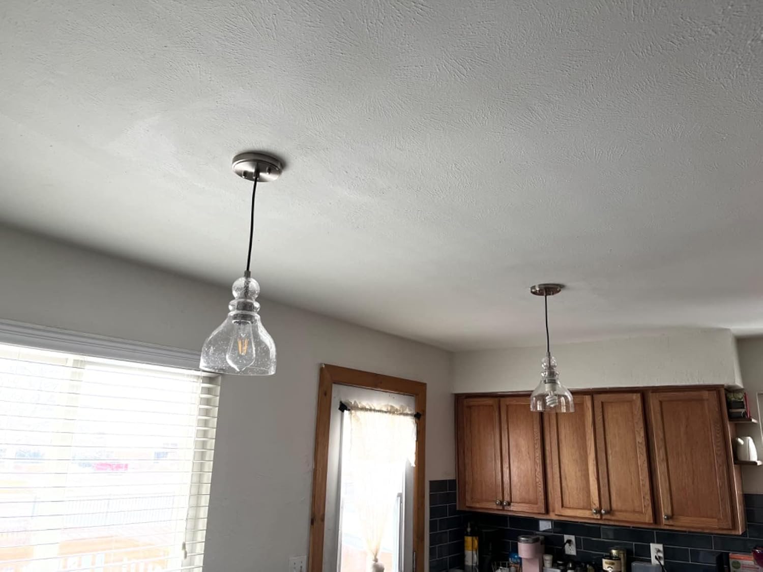 2 Pack 1 Light Pendant Ceiling Light Adjustable Cord Kitchen Island 6.5" Seeded Glass Black Finish Modern Industrial Farmhouse Lighting for Bedroom Sink