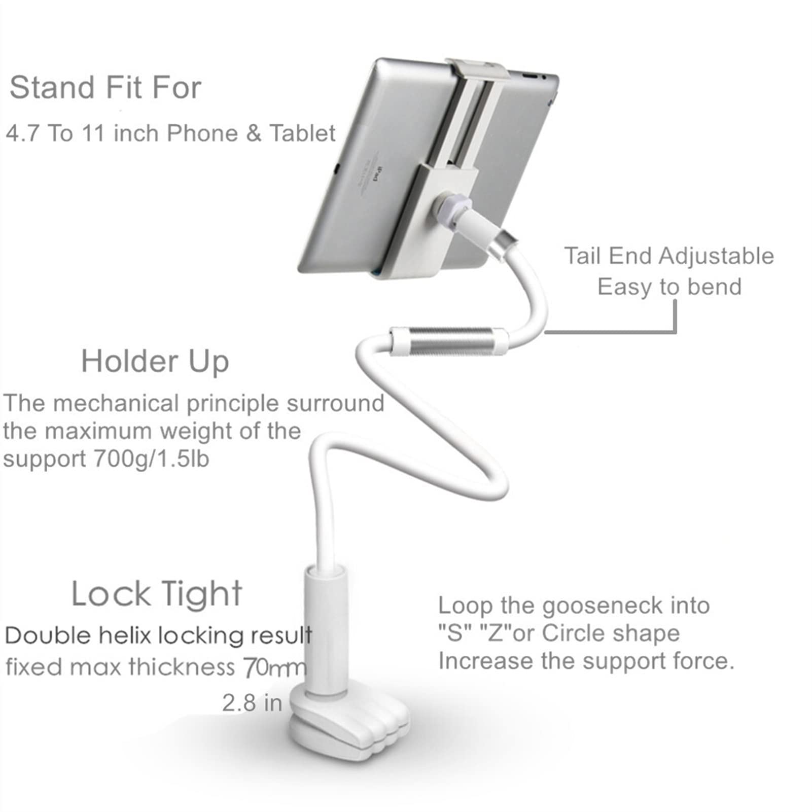 Soporte Tablet Soporte de tableta perezoso flexible, soporte de tableta de clip de brazo de cuello de cisne, soporte de tableta de mesa de cama ajustable for teléfonos y tabletas de 4.0-10.6 pulgadas