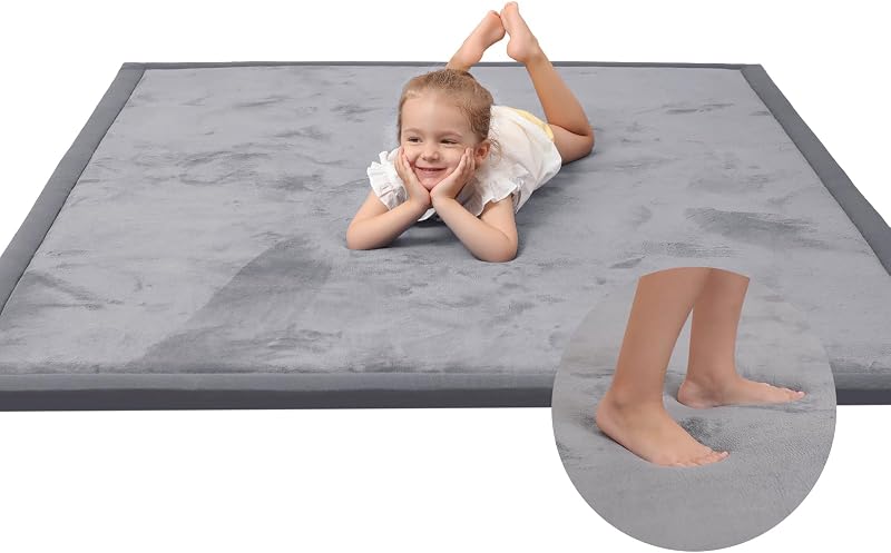 Huloo Sleep Alfombra grande de juego para bebé de 1,3 pulgadas de grosor para el piso, 79 x 59 pulgadas (gris oscuro) | Alfombra de espuma viscoelástica para el tiempo boca abajo, alfombra de terciopelo coral suave para guardería para niños pequeños, bebés, niños, antideslizante para estilo tatami para sala de estar