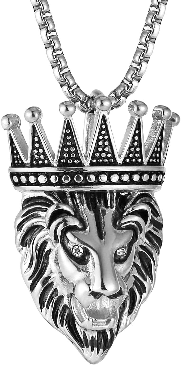 HZMANMen's Vintage Silver/Gold Stainless Steel Necklace Hip Hop Jewelry Crown Lion Head Pendant