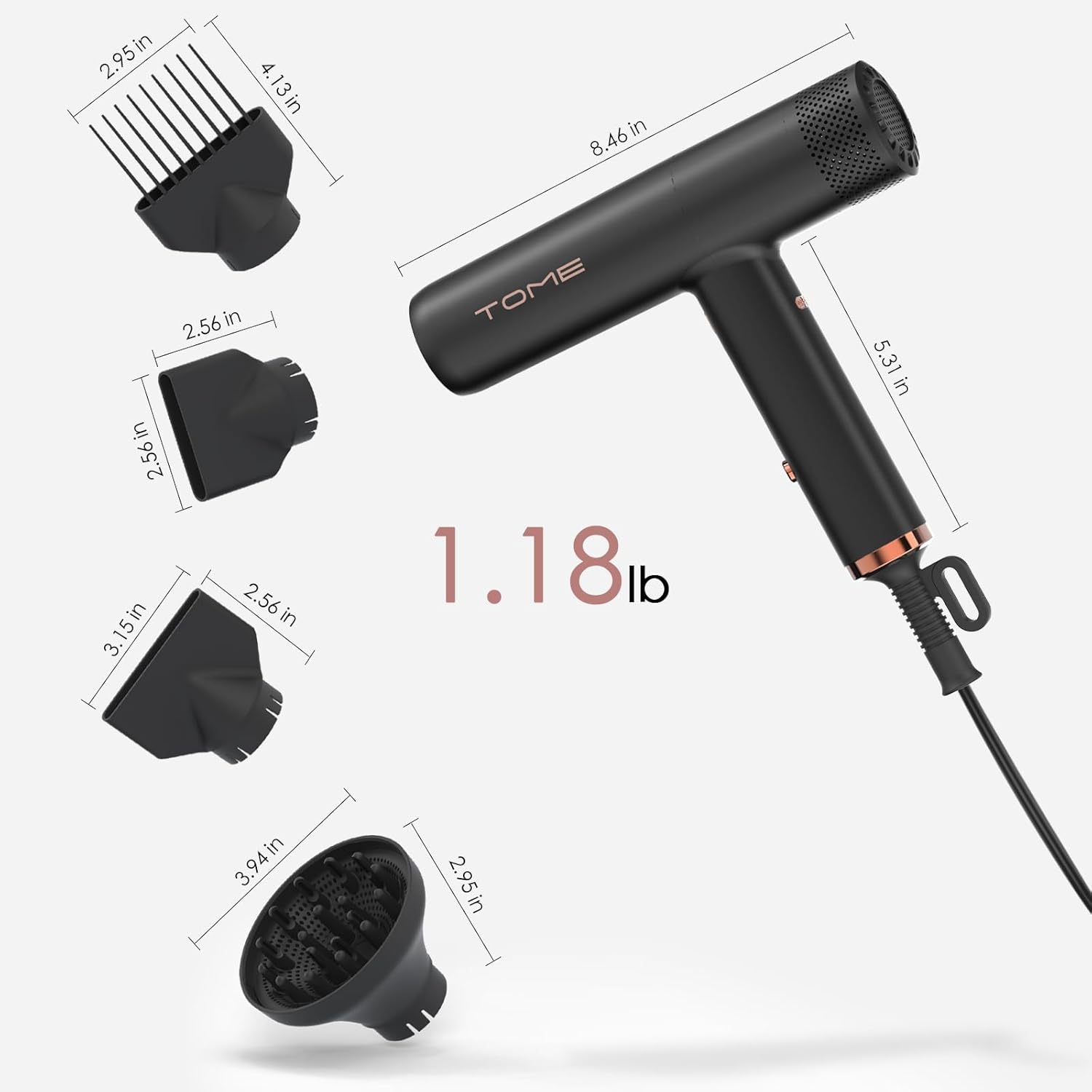 TOME 100000 RPM High-Speed Hair Dryer Pink, Ionic Fast-Dry Blow Dryer with Diffuser & Concentrator, 1875W, 3 Heat 3 Speed, Cold Shot Lock, Reverse Air Cleaning, Lightweight 125V (Black)