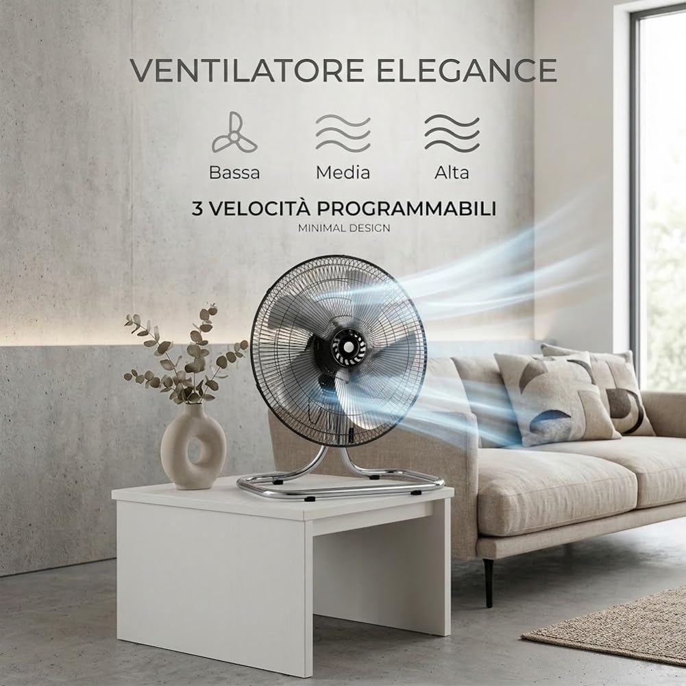 BAKAJI Ventilatore Manila 3 in 1 con Pale in Acciaio, Utilizzabile a Piantana Indipendente, Muro e Parete, Tavolo da Appoggio, Flusso d'Aria Potente, 3 Velocità Selezionabili, Silenzioso