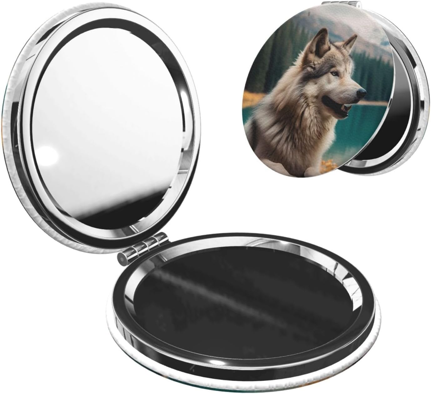 Fun Animal Wolf Makeup Mirror Double-Sided 1X/2X Magnifying Mini Travel Cosmetic Mirror for Pocket Purse Clutch, Handheld Beauty Mirrors for Men Women