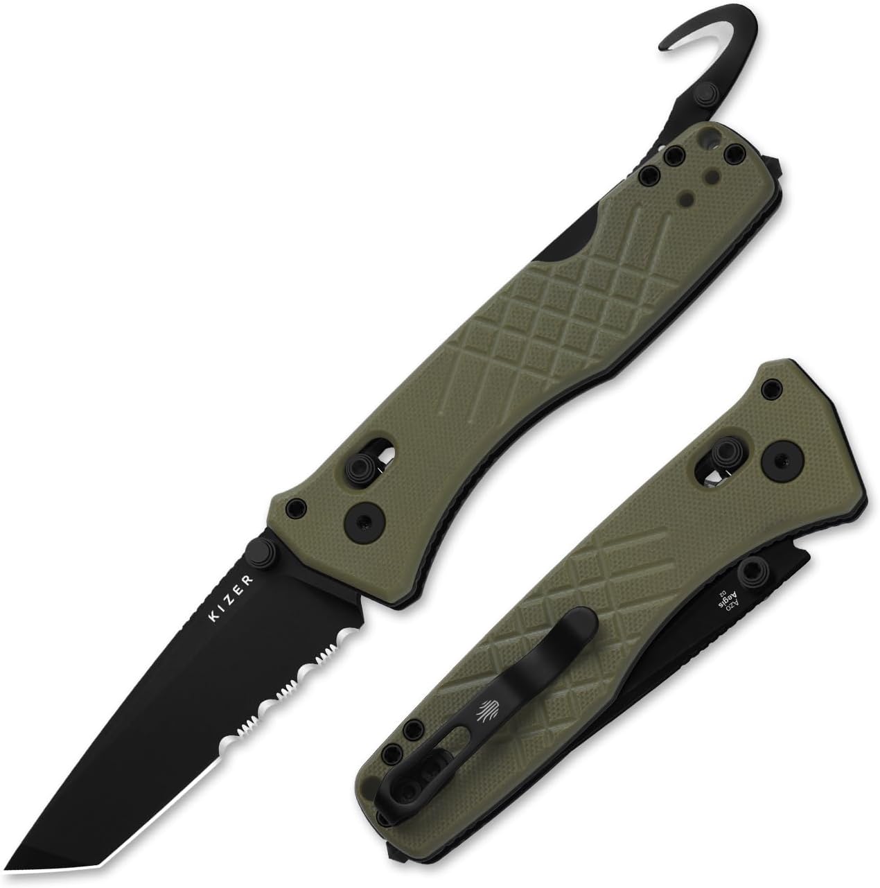Kizer Aegis T Tactical Pocket Knife, 3.21" D2 Steel Tanto Folding Knife with Olive Green G10 Handle, Thumb Stud Opener Clutch Lock, EDC knives for Outdoor, Tactical and Survival V3774CTM2