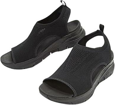 Comfortable Sports Knit Sandals Summer Washable Slingback Orthopedic Slide Sports Sandals Thick Bottom Fish Mouth Beach Casual Sandals, Black, US6/EU37