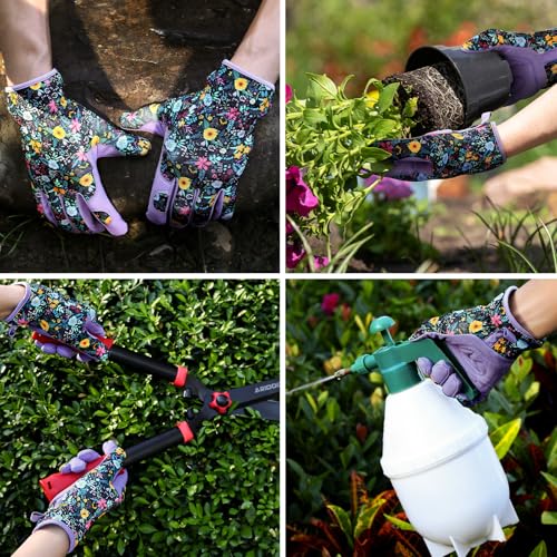 Garden Gloves for Women - Breathable leather Floral Gardening Gloves with Grip, Thorn-Proof Puncture-Resistant Work Gloves for Weeding, Digging, Planting, Raking and Pruning, Purple - Flower