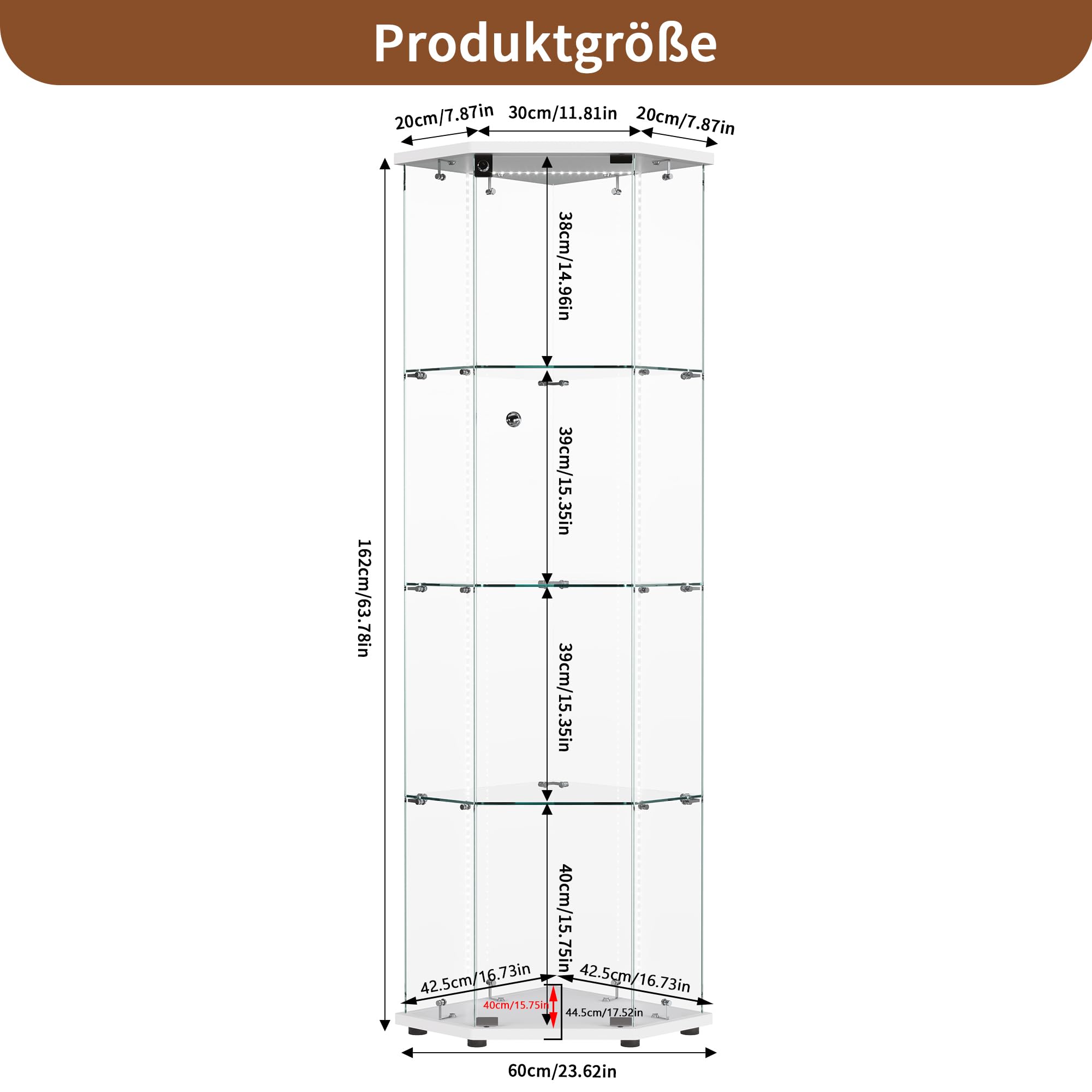 BRILVERDE Witryna szklana LED, szafka z 4 półkami i drzwiami z zamkiem, witryna do kolekcji, książek, modeli, butelek, salonu i biura (biały, narożny, 1 Tür 4 Lagen)