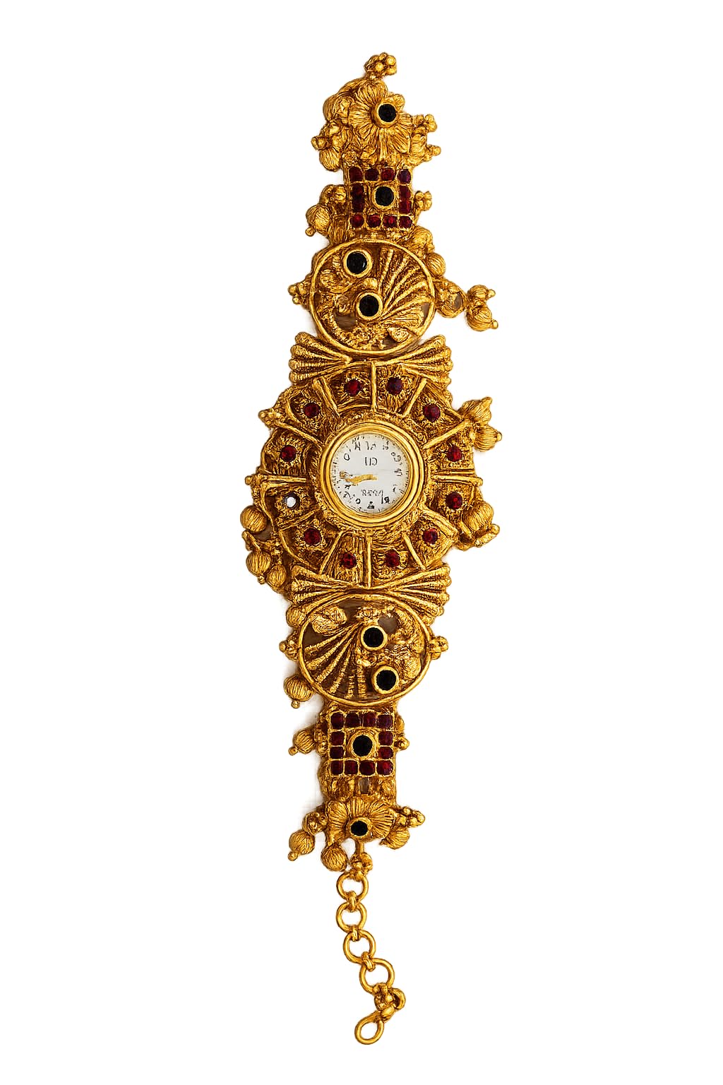 Kashmiri Royal Look Emerald Watch Design Rakhi in Golden Colour-image-25