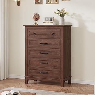 GarveeHome 5 Dresser for Bedroom, 41.3 in Tall Vertical Drawer Dresser with Large Storage, Freestanding Wooden Closet Chest for Bedroom, Living Room, Walnut
