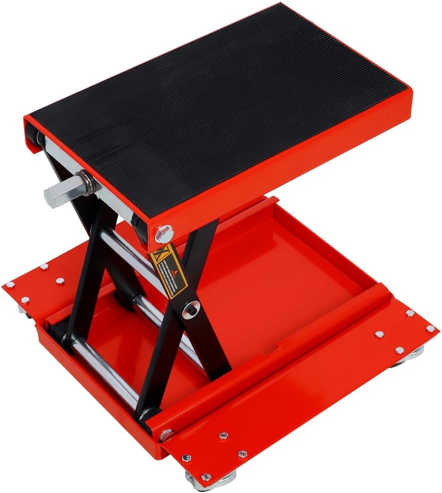 Motorcycle Scissor Jack, 1100lb Motorcycle Lift with Dolly Tray, Wide Deck Bike Lift Stand with Rubber Pad, Adjustable Center Tire Engine Jack for ATV UTV Dirt Bike Snowmobile