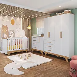 Quarto de Bebê Completo com Guarda Roupa Cômoda e Berço 100% Mdf Jolie Retrô Espresso Móveis Branco Brilho/Amêndoa
