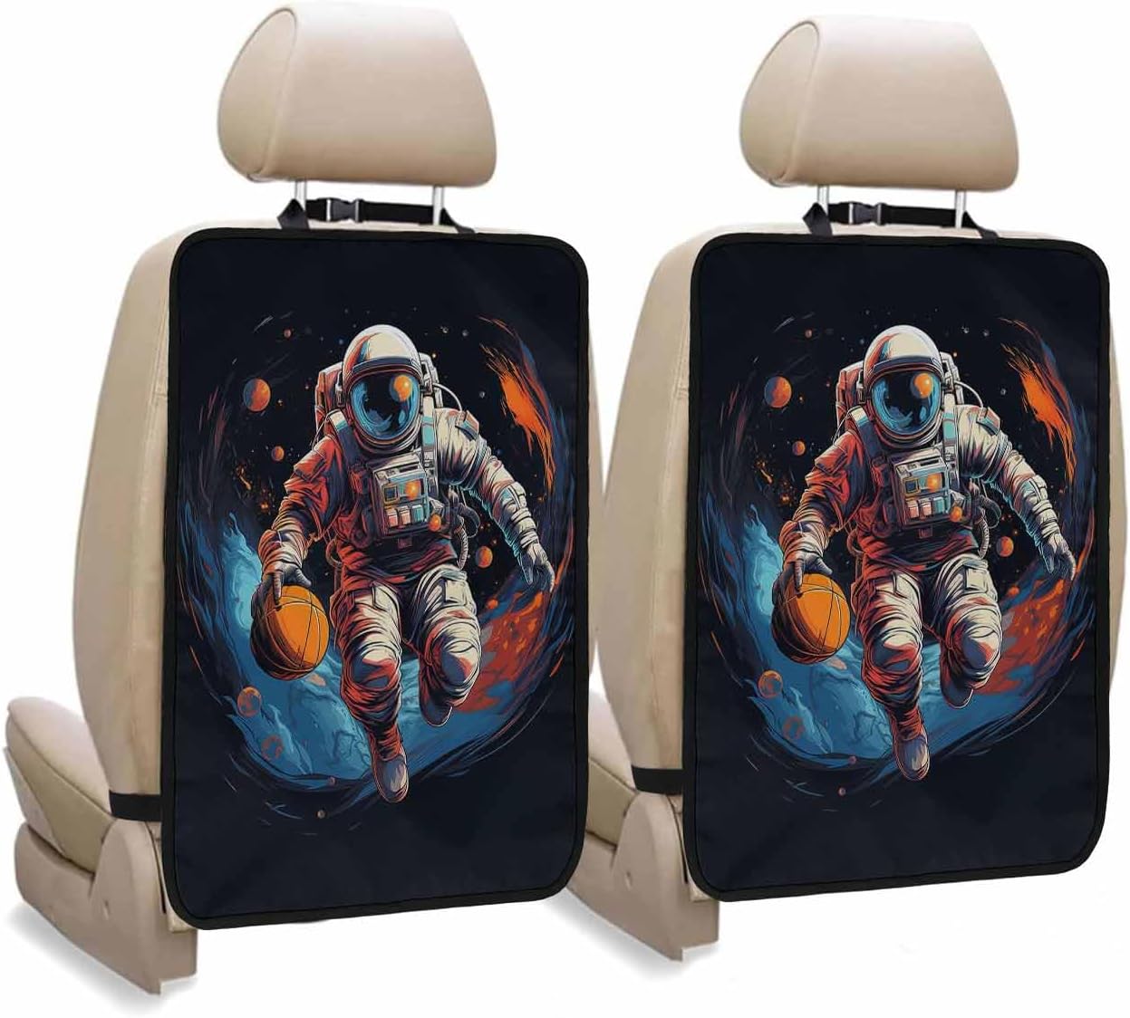 T&H XHome Car Seat Protector, 2 Pack Kick Mats Back Seat Protector Sports Theme Watercolor Astronaut Play Basketball Waterproof Backseat Cover for Kids Universal Fit Automotive Interior Protectors