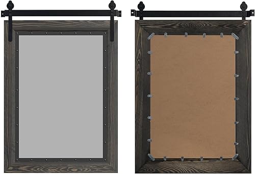 Miniatura 4 de YOSHOOT Espejo rústico para puerta de granero, espejo de baño rústico de 32 x 24 pulgadas, espejo de pared con marco de madera, espejo de madera