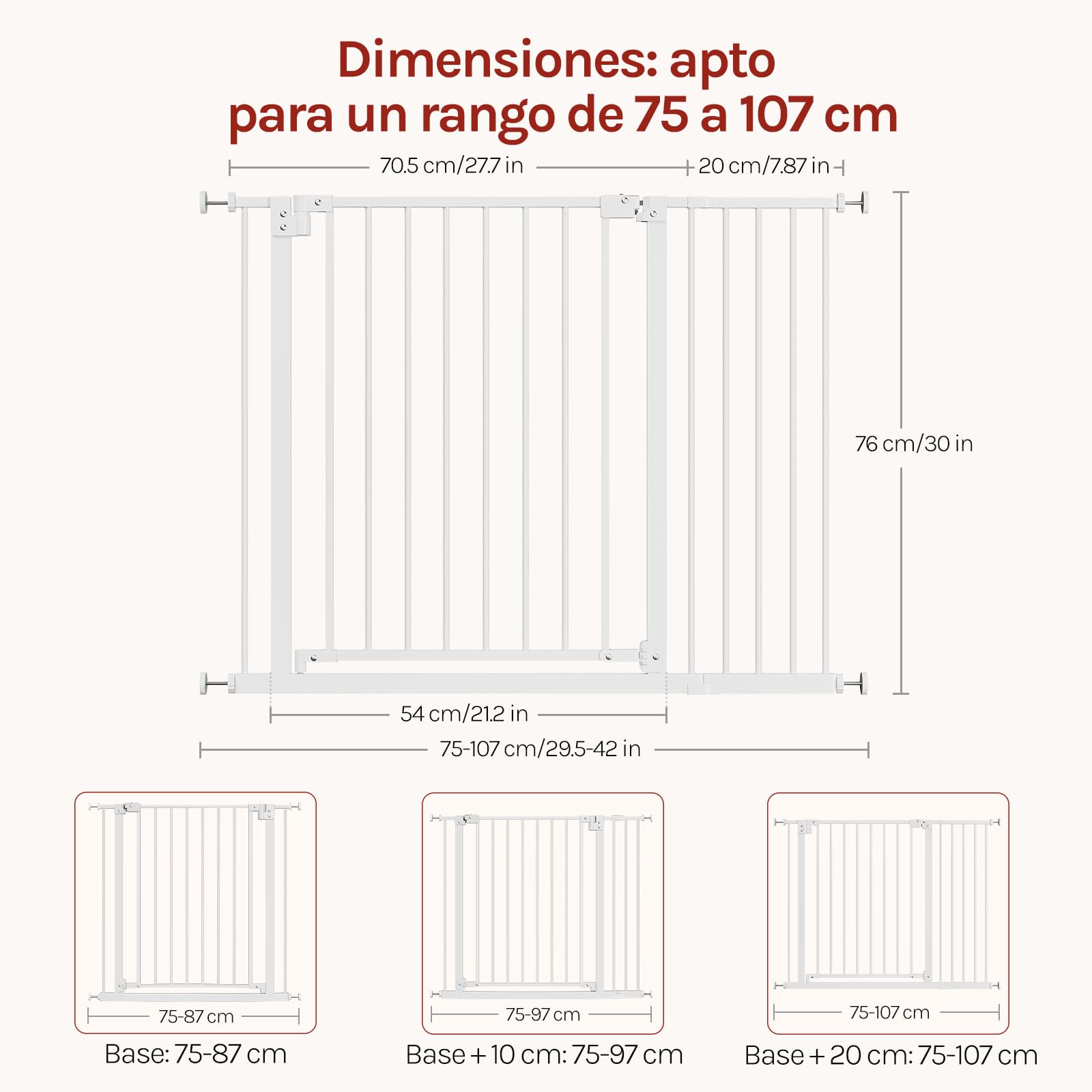 WOLTU Barrera Seguridad Infantil, Apertura de 75-107 cm, Barrera para Niños y Bebé, Barandilla Escalera Seguridad, Valla Metálica para Perros, Doble Bloqueo, Blanco