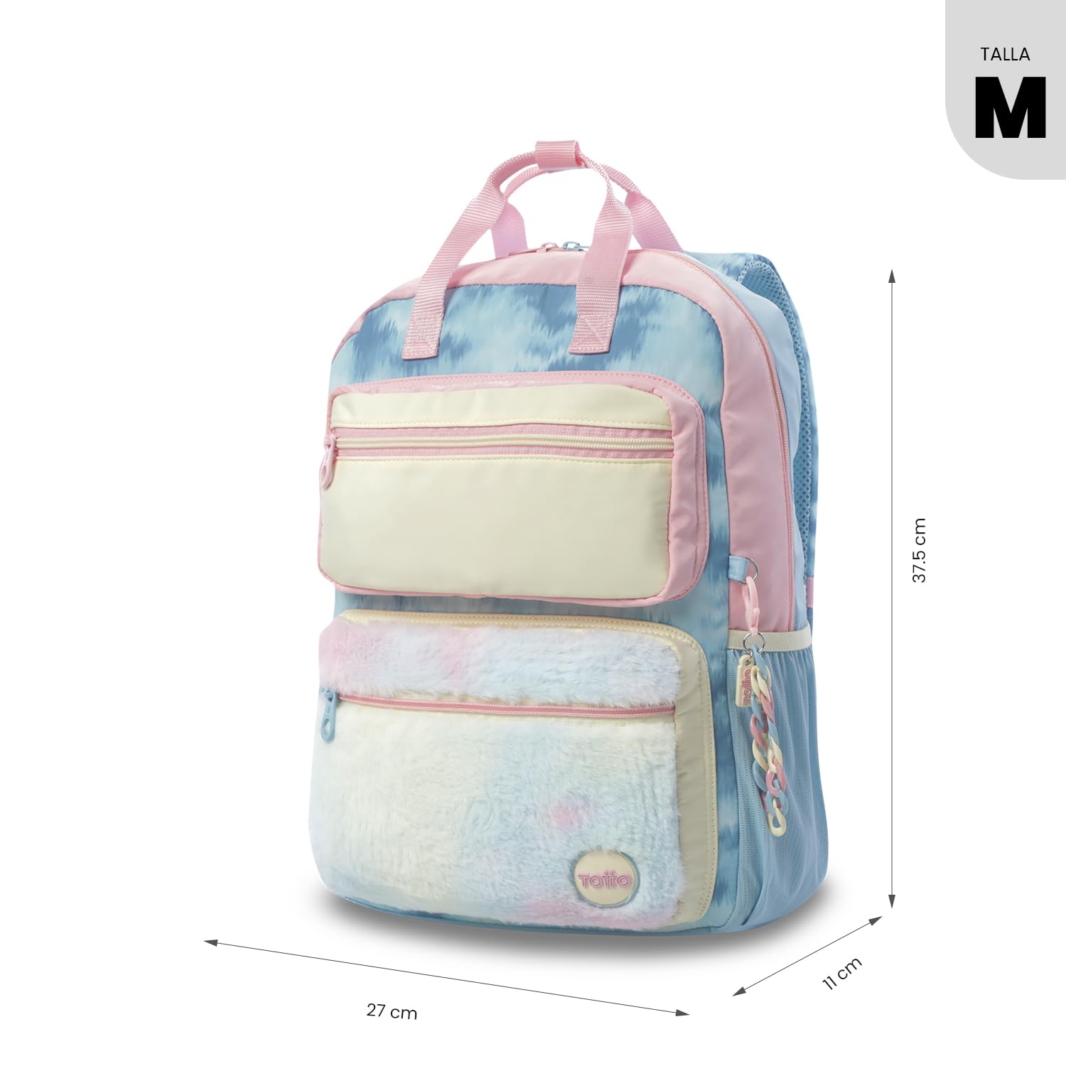 TOTTO - Mochila Escolar, Modelo Bloum M, Mochila Mediana, Capacidad 11 L, 2 Compartimentos Delanteros, Bolsillos Botella, Organizador Interno, Correas Acolchadas, Resistente y Duradera, Estampado Azul