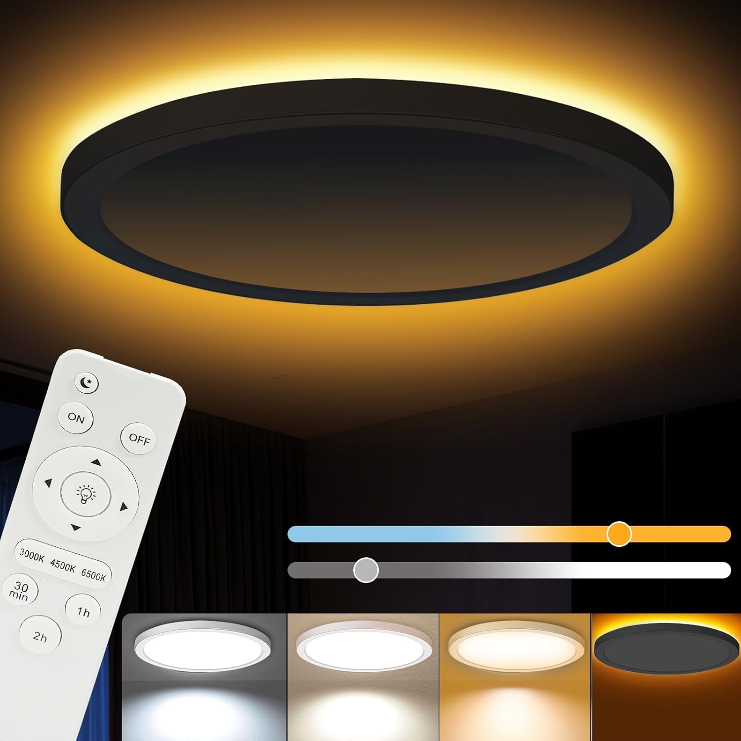 JESLED LED Ceiling Light, 24 W 2400 LM Round Lamp Living Room Dimmable with Remote Control, 3000 K - 6500 K, IP54 Waterproof Ceiling Lights for Bedroom, Children's Room, Living Room Diameter 30 cm